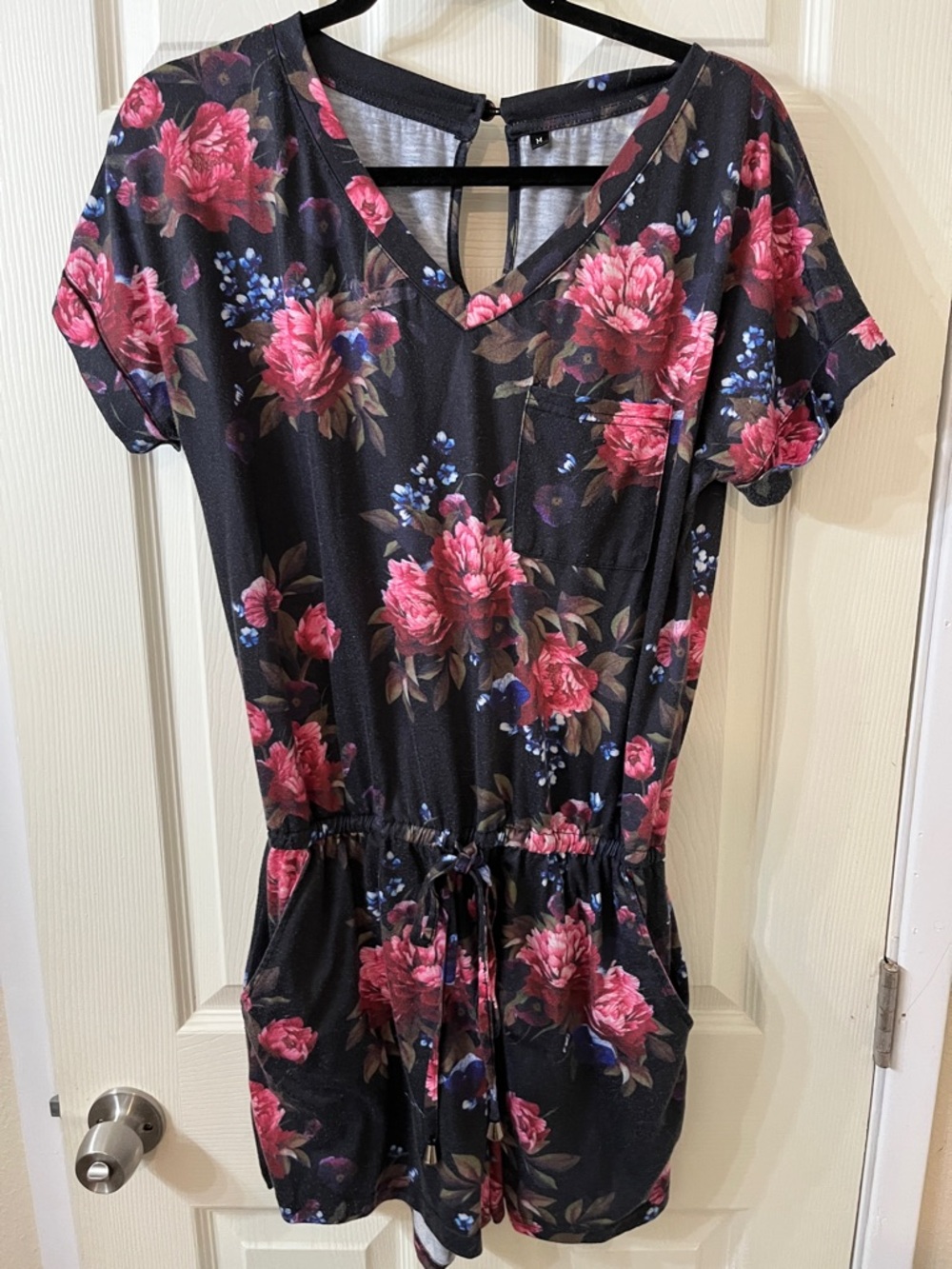 Black Floral V-Neck Romper with Pink Roses